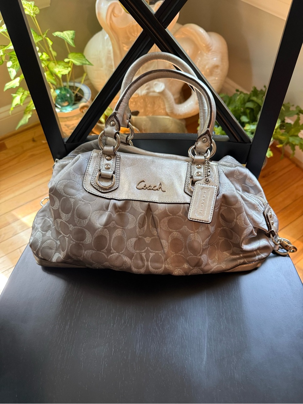 Y2K Silver Coach Ashley shoulder bag features signature monogram canvas #15809